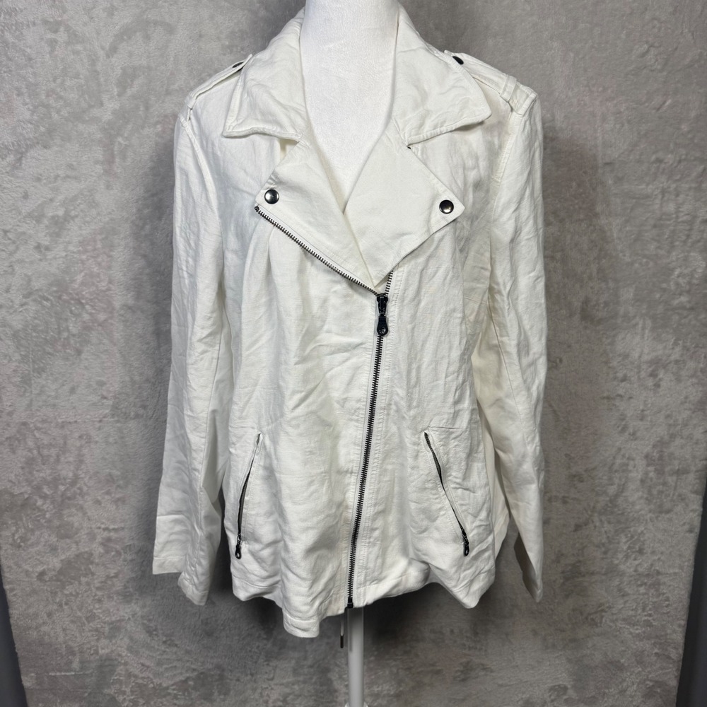 NWT NIC+ZOE Womens 1X White Linen Blend‎ Asymmetrical Moto Jacket MSRP 208